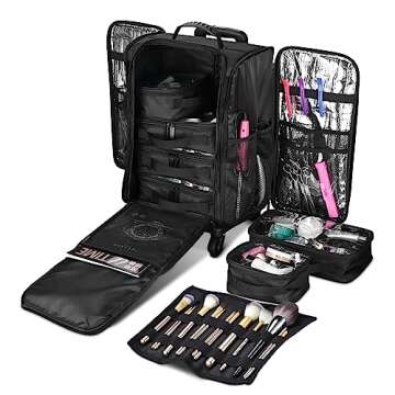 BYOOTIQUE Classic Black Rolling Makeup Train Case Soft Sided Cosmetic Storage Makeup Organizer Carry on Travel with Removable Side Pocket Bag