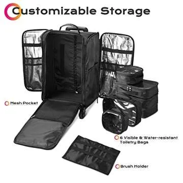 BYOOTIQUE Classic Black Rolling Makeup Train Case Soft Sided Cosmetic Storage Makeup Organizer Carry on Travel with Removable Side Pocket Bag