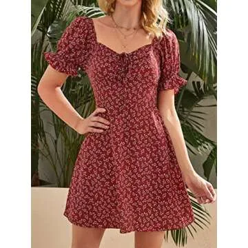 Floerns Women's Summer Drawstring Sweetheart Neck Puff Sleeve A Line Short Dress Burgundy M
