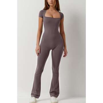 QINSEN Womens Suqare Neck Short Sleeve Full Length Flare Jumpsuits Dark Grey S