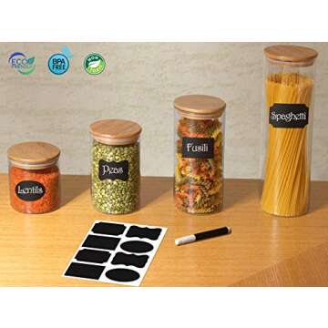 Canister Set of 4 | Glass Jars with Airtight Bamboo Lids | Kitchen Canisters for Food Storage | Ideal as Pasta, Cereal, Coffee, Flour, Sugar Container for Pantry | Bonus 48 Labels and Marker