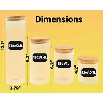 Canister Set of 4 | Glass Jars with Airtight Bamboo Lids | Kitchen Canisters for Food Storage | Ideal as Pasta, Cereal, Coffee, Flour, Sugar Container for Pantry | Bonus 48 Labels and Marker