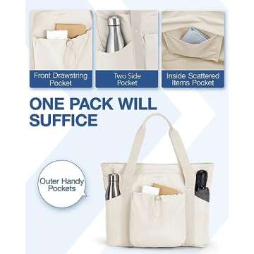 BAGSMART Women Foldable Tote Bag with Drawstring Storage Bag, Large Tote Bag Shoulder Bag Top Handle Handbag for Travel, Work, Beach, Gym, Shop, (Beige)