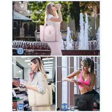 BAGSMART Women Foldable Tote Bag with Drawstring Storage Bag, Large Tote Bag Shoulder Bag Top Handle Handbag for Travel, Work, Beach, Gym, Shop, (Beige)