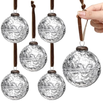 Threan 6 Pcs Large Vintage Mercury Glass Christmas Ornaments 3.15" Silver Hanging Christmas Ball Orn...