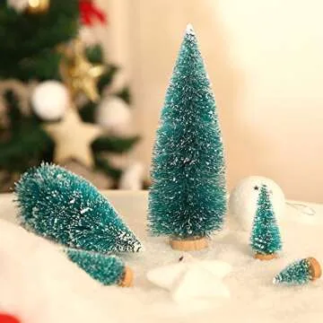 SATINIOR 60 Pieces Artificial Mini Christmas Tree Sisal Snow Trees Bottle Brush Christmas Trees Pine Trees Ornaments with Wooden Base for Christmas Party Home Decoration (6 Sizes, Blue Green)