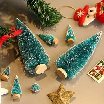 SATINIOR 60 Pieces Artificial Mini Christmas Tree Sisal Snow Trees Bottle Brush Christmas Trees Pine Trees Ornaments with Wooden Base for Christmas Party Home Decoration (6 Sizes, Blue Green)