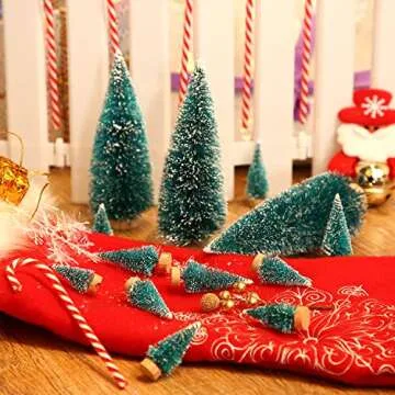 SATINIOR 60 Pieces Artificial Mini Christmas Tree Sisal Snow Trees Bottle Brush Christmas Trees Pine Trees Ornaments with Wooden Base for Christmas Party Home Decoration (6 Sizes, Blue Green)