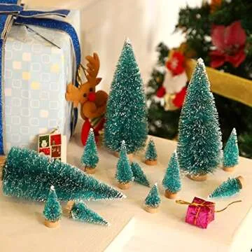 SATINIOR 60 Pieces Artificial Mini Christmas Tree Sisal Snow Trees Bottle Brush Christmas Trees Pine Trees Ornaments with Wooden Base for Christmas Party Home Decoration (6 Sizes, Blue Green)