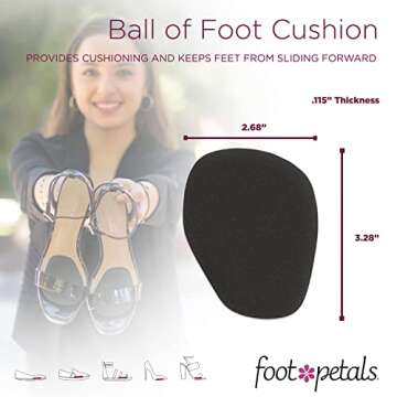 Foot Petals Ball of Foot Cushions, Metatarsal Pad, Lasting Comfort Relief, Prevent Toe Sliding, Overhang, Women's Heels, 3 pair, Black