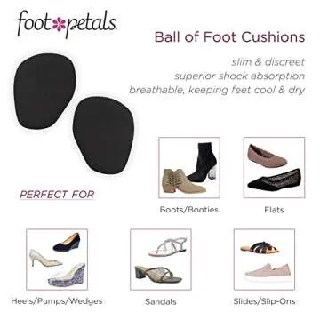 Foot Petals Ball of Foot Cushions, Metatarsal Pad, Lasting Comfort Relief, Prevent Toe Sliding, Overhang, Women's Heels, 3 pair, Black