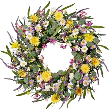 Sggvecsy 24'' Daisy and Lavender Wreath for Home Decor