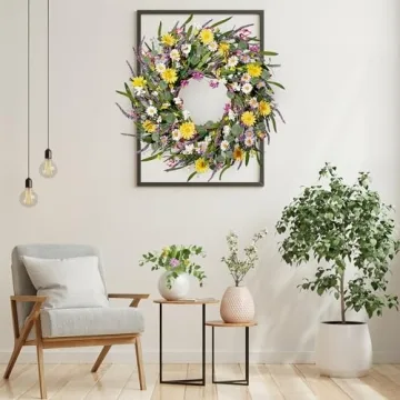 Sggvecsy 24'' Daisy and Lavender Wreath for Home Decor