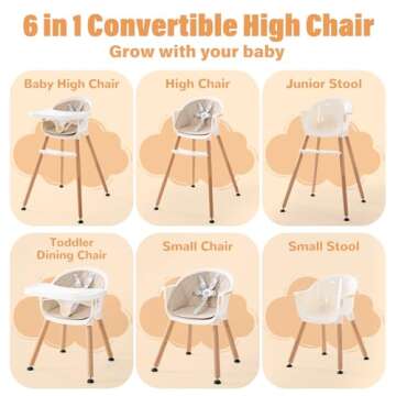 6 in 1 Convertible Wooden High Chair for Babies & Toddlers, Baby Feeding Chair with Adjustable Legs, Double Removable Tray, Infant Eating Chair with Safety Harness, Footrest for Boys Girls, Cream