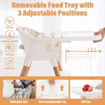 6 in 1 Convertible Wooden High Chair for Babies & Toddlers, Baby Feeding Chair with Adjustable Legs, Double Removable Tray, Infant Eating Chair with Safety Harness, Footrest for Boys Girls, Cream