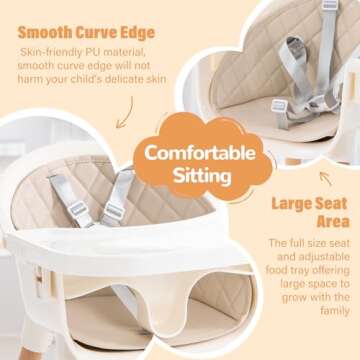 6 in 1 Convertible Wooden High Chair for Babies & Toddlers, Baby Feeding Chair with Adjustable Legs, Double Removable Tray, Infant Eating Chair with Safety Harness, Footrest for Boys Girls, Cream