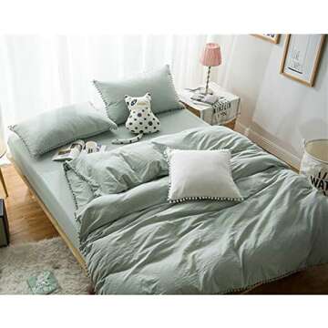 TanNicoor Pom Fringe Duvet Cover Set - 2 Piece Natural Ultra SOFE Color Washed Cotton Bedding Set, Modern Style Down Comforter Quilt Cover with Zipper Closure(Twin, Green)
