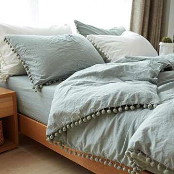 TanNicoor Pom Fringe Duvet Cover Set - 2 Piece Natural Ultra SOFE Color Washed Cotton Bedding Set, Modern Style Down Comforter Quilt Cover with Zipper Closure(Twin, Green)