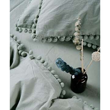 TanNicoor Pom Fringe Duvet Cover Set - 2 Piece Natural Ultra SOFE Color Washed Cotton Bedding Set, Modern Style Down Comforter Quilt Cover with Zipper Closure(Twin, Green)