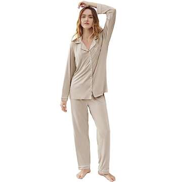Cherrydew Women Bamboo Viscose Pajamas Set Super-Soft Comfy Cooling Long Sleeve Pj Button Down Sleep Sets Loungewear (Cream,M)