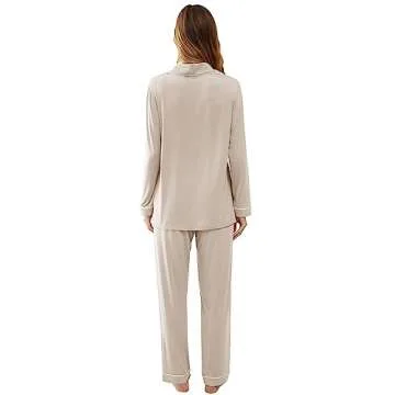 Cherrydew Women Bamboo Viscose Pajamas Set Super-Soft Comfy Cooling Long Sleeve Pj Button Down Sleep Sets Loungewear (Cream,M)