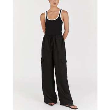 Xiaoxuemeng Womens Cotton Linen Wide Leg Pants Casual Elastic Waisted Cargo Pants with Pockets (Blac...