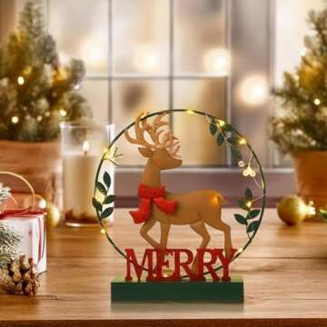 Christmas Decorations for Home Led Lighted Christmas Wreath Elk Decor Merry Christmas Sign Wooden Ru...