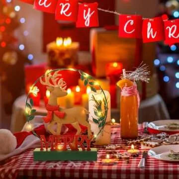 Christmas Decorations for Home Led Lighted Christmas Wreath Elk Decor Merry Christmas Sign Wooden Rustic Farmhouse Tabletop Block Xmas Party Holiday Signs