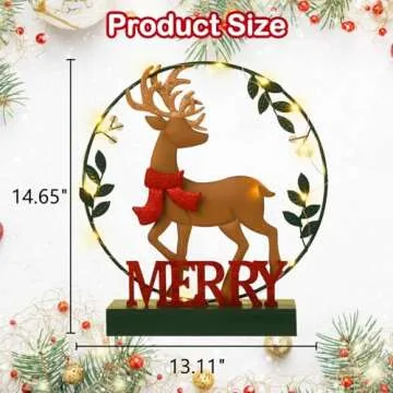 Christmas Decorations for Home Led Lighted Christmas Wreath Elk Decor Merry Christmas Sign Wooden Rustic Farmhouse Tabletop Block Xmas Party Holiday Signs
