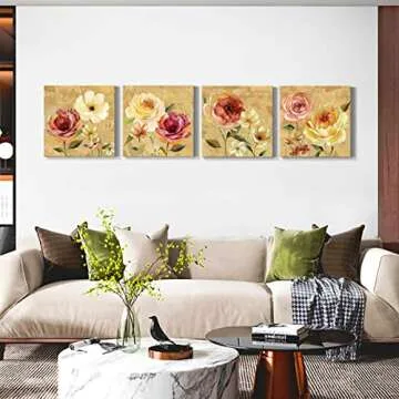 Wexford Home French Country Garden Flower Spring Collection Canvas Print 4 Panels Set Décor for Home Office Wall Art, 12x12inches-CANVAS (15741-1212-4P)