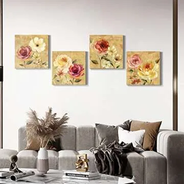 Wexford Home French Country Garden Flower Spring Collection Canvas Print 4 Panels Set Décor for Home Office Wall Art, 12x12inches-CANVAS (15741-1212-4P)