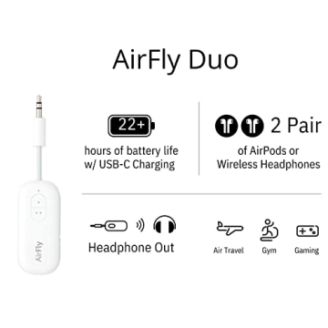 Twelve South AirFly Duo Bluetooth 5.0 Transmitter for TV/Airplane to 2 Wireless Headphones – Wireless Adapter for AirPods, Airplane, Car, Gym, Home, Use with Any 3.5 mm Audio Jack