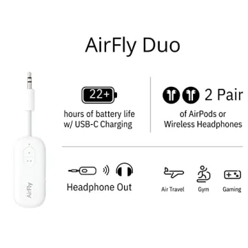 Twelve South AirFly Duo Bluetooth 5.0 Transmitter for TV/Airplane to 2 Wireless Headphones – Wireless Adapter for AirPods, Airplane, Car, Gym, Home, Use with Any 3.5 mm Audio Jack