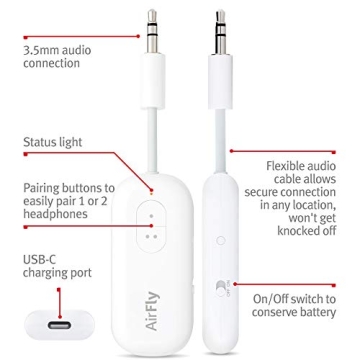 Twelve South AirFly Duo Bluetooth 5.0 Transmitter for TV/Airplane to 2 Wireless Headphones – Wireless Adapter for AirPods, Airplane, Car, Gym, Home, Use with Any 3.5 mm Audio Jack
