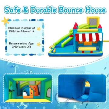 FBSPORT Inflatable Bounce House Water Slide, Bounce House for Kids with Toy Market Stand Splash Pool Bouncer Climbing Wall Water Gun Ball Dart, Bouncy Castle W/620W Blower for Outdoor Indoor, Green