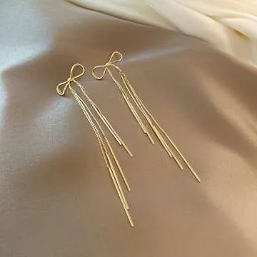 Stylish Gold Bow Earrings for Women – Long Dangle Design