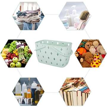 JiatuA Plastic Organizer Storage Basket with Handles, Woven Storage Bins for Bathroom, Kitchen, Closet, Bedroom, Green