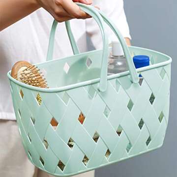 JiatuA Plastic Organizer Storage Basket with Handles, Woven Storage Bins for Bathroom, Kitchen, Closet, Bedroom, Green