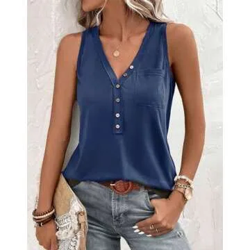 Yuaelria Women's Half Button Pocket V Neck Tank Top - Blue