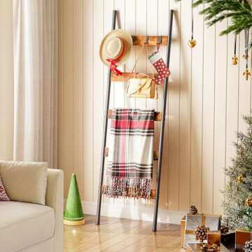 HOOBRO Blanket Ladder, 5-Tier Towel Rack with Hooks, Wall-Leaning Blanket Rack, Decorative Display L...