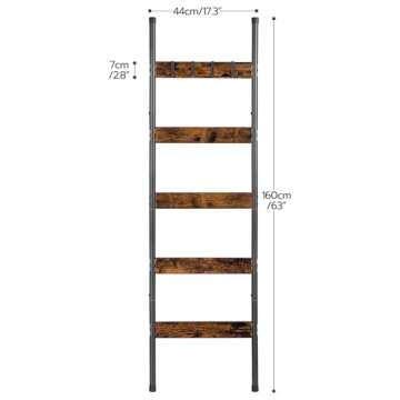 HOOBRO Blanket Ladder, 5-Tier Towel Rack with Hooks, Wall-Leaning Blanket Rack, Decorative Display Ladder Shelf, Scarves, Industrial, Living Room, Bedroom, Rustic Brown and Black BF52CJ01