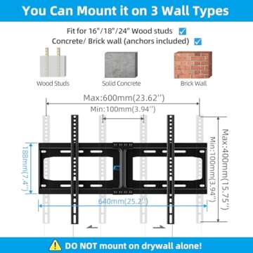 HOME VISION Heavy Duty Fixed TV Wall Mount for Most 32"-86" Flat TVs, Max VESA 600X400mm up to 165lbs Fits 16/18/24 Inch Wood Studs, Universal Low Profile Wall Mount TV Bracket, Space Saving HV8601