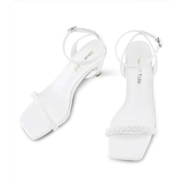 Shoe'N Tale Women's Pearl Strappy Heels Stilettos Sandals High Heel Ankle Buckle Square Toe Wedding Party Dress Shoes(10,White Pearl)