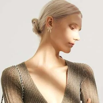 YUJIE Gold Sparkly Bow Stud Earrings Bow Rhinestone Earrings for Women Wedding Prom Fashion Jewelry