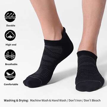 CelerSport 6 Pack Men's Running Ankle Socks with Cushion, Low Cut Athletic Sport Tab Socks, Black, Shoe Size: 7-9
