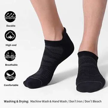 CelerSport 6 Pack Men's Running Ankle Socks with Cushion, Low Cut Athletic Sport Tab Socks, Black, Shoe Size: 7-9