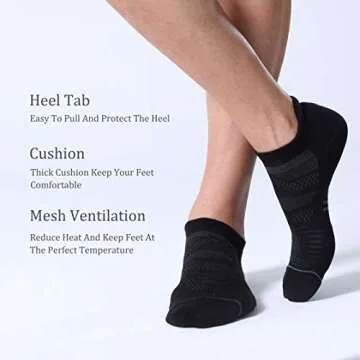CelerSport 6 Pack Men's Running Ankle Socks with Cushion, Low Cut Athletic Sport Tab Socks, Black, Shoe Size: 7-9