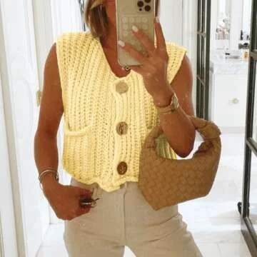 Hixiaohe Womens Crochet Chunky Knit Top Sleeveless Button Down Crop Tops Trendy Cardigan Sweater Vest for Women with Pockets(Yellow,XS)