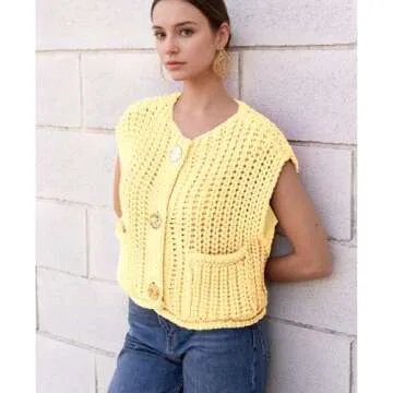 Hixiaohe Womens Crochet Chunky Knit Top Sleeveless Button Down Crop Tops Trendy Cardigan Sweater Vest for Women with Pockets(Yellow,XS)