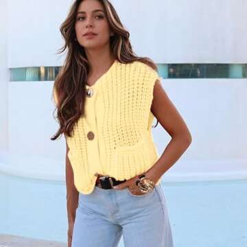 Hixiaohe Womens Crochet Chunky Knit Top Sleeveless Button Down Crop Tops Trendy Cardigan Sweater Vest for Women with Pockets(Yellow,XS)